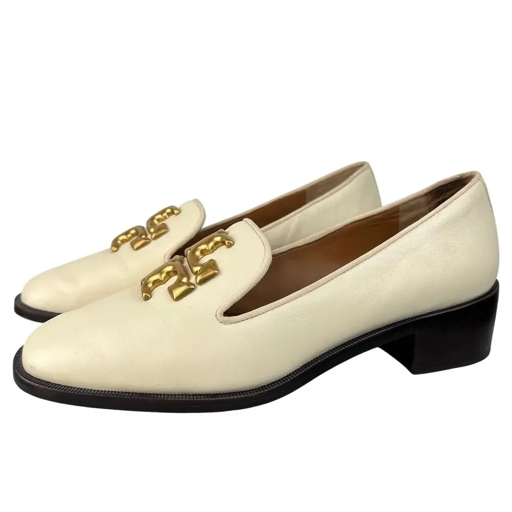 Tory Burch Eleanor Logo Block Heeled Shoes Ivory Leather Slip In Loafer (Sz 8.5)